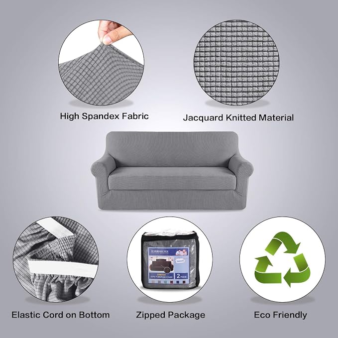H.VERSAILTEX Sofa Cover 2 Piece Stretch Couch Covers for 3 Cushion Couch Sofa Slipcover Protector Cover with Individual Seat Cushion Cover Suit for T Cushion/Box Cushion (Sofa 72"-88", Dove)