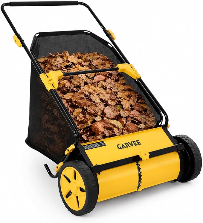 21 Inch Push Lawn Sweeper with 3.5 Cu. Ft. Large Mesh Collection Bag | Heavy Duty Steel Frame, 10" Rubber Wheels, 4 Spinning Brushes, Manual Height Adjustment for Leaves, Grass and Yard Debris