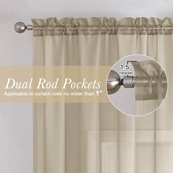 Lecloud Taupe Sheer Curtains 72 Inch Length 2 Panels, Light Filtering Soft - Image 2