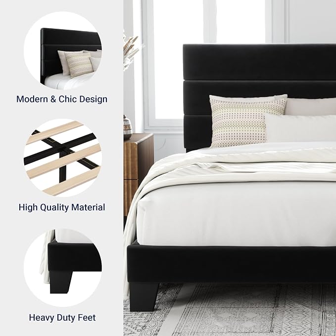 Allewie Full Size Platform Bed Frame with Velvet Upholstered Headboard | Wooden Slats Support, Fully Upholstered Mattress Foundation, No Box Spring Needed, Easy Assembly, Noise-Free, Black