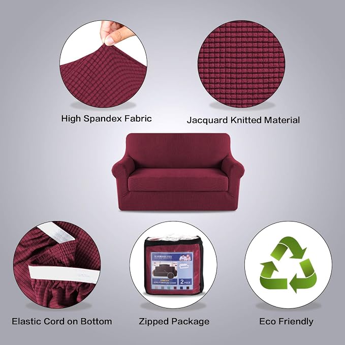 H.VERSAILTEX High Stretch 2 Piece Loveseat Couch Covers Furniture Protector Sofa Cover Suit for T Cushion/Box Cushion, Durable and Thick Spandex Stretch Fabric Soft Slipcover - Loveseat, Burgundy Red