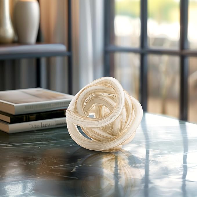 Torre & Tagus Orbit Hand Blown Glass Infinity Knot Sculpture - 3 Inch Glass Art White & Gold Knot Decor Ball for Home Decor, Small Centerpiece Table Decoration for Home Interior (White Gold Flakes)