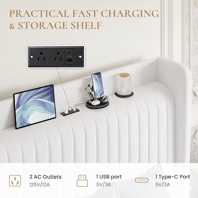 SHA CERLIN Queen Size Velvet Bed Frame with Shelf, Charging Station, White | Wingback Storage Headboard, Upholstered Platform Bed, Wooden Slats Support, No Box Spring Needed, Easy Assembly, Noise Free