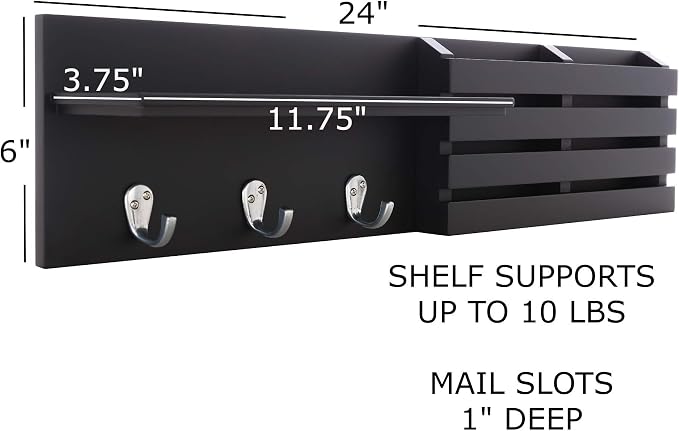 kieragrace KG Sydney Wall Shelf and Mail Holder with 3 Hooks - Black, 24"