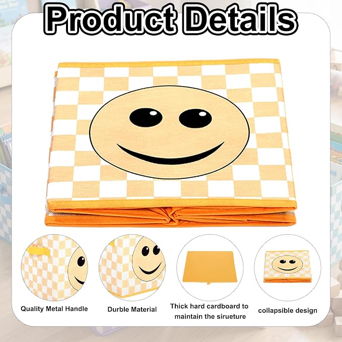 Bokon 6 Pcs 11 Inch Smile Face Classroom Storage Bins Pastel Back to School Classroom Must Have Fabric Foldable Storage Basket with Handles for Daycare Elementary School Shelves Toys Books