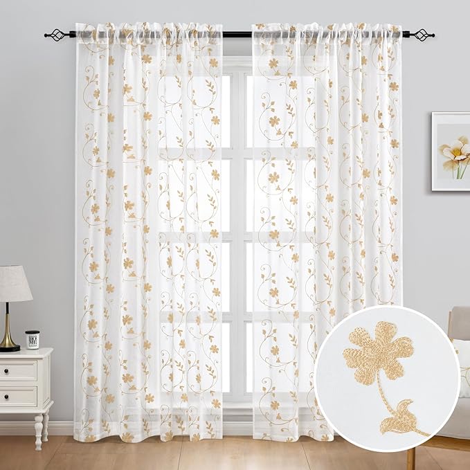 HOMEIDEAS Yellow Sheer Curtains 84 Inches Long 2 Panels Yellow and White - Image 2