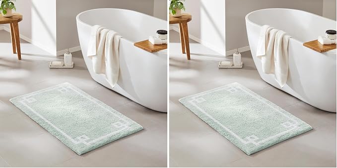 Madison Park Evan 100% Cotton Bathroom Rug Non Slip Backing-Luxrurious Tufted Plush Bath Mat Absorbent, Quick Dry, Spa Design Shower Room Décor, 20x30, Seafoam (Pack of 2)