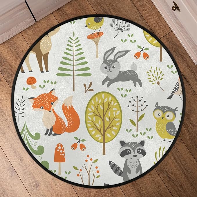 Woodland Animals Round Area Rug, Fox Elk Bear Mushroom Non-Slip Circle Rug for Bedroom Living Room Outdoor Study Playing Floor Mat Carpet, 5.2' Diameter