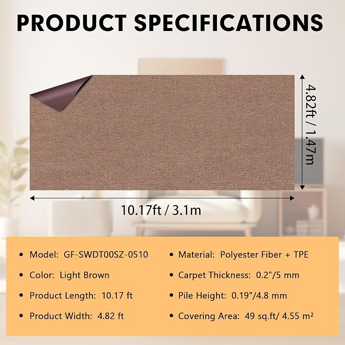 Grefinity Marine Carpet,5 FT x 10 FT Light Brown Indoor Outdoor Carpet 0.2" Thick Boat Rug with Water-Proof TPE Backing for Home, Patio, Porch, Deck