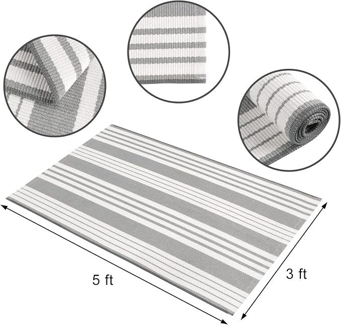 OJIA Entryway Rug 3'x5' Outdoor Rugs Front Door Mat Outside Entrance Decor | Cotton Woven Front Door Mat Outdoor Doormat Machine Washable Grey & White Striped Entry Porch Rugs for Farmhouse/Home Decor