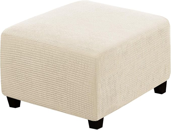 H.VERSAILTEX Square Ottoman Covers Ottoman Slipcovers Folding Storage Stool Furniture Protector Form Fit with Elastic Bottom, Stretch High Spandex Small Checks Jacquard Fabric(Large,Natural)