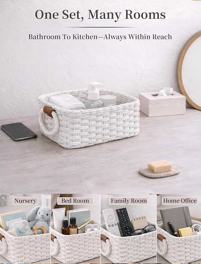 Small Wicker Baskets, 3 PCS Paper Rope Baskets for Shelves, White | Recycled Small Baskets, 3 Sizes Woven Baskets for Organizing, Decorative Storage Baskets for Bedroom and Bathroom