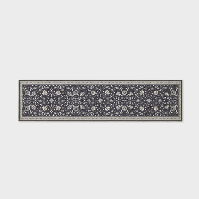 EVERGRACE Hallyway Area Runner Rugs 2x8, Boho Floral Faux Wool Indoor Outdoor Rugs, Washable Rugs for Bedroom Dining Room Living Room Kitchen, Low Pile Floor Mat Carpet for Home Decor, Ebony Black