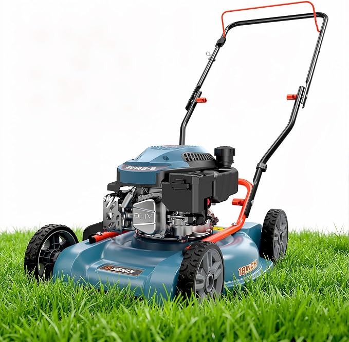 SENIX Gas Lawn Mower, 18" 144 cc Push Mower | Light-weight Design Push Mower,Ergonomically Designed Handle, 4-Cycle Engine, 3 Levels Height Adjustment for 1/4 Acre Yard