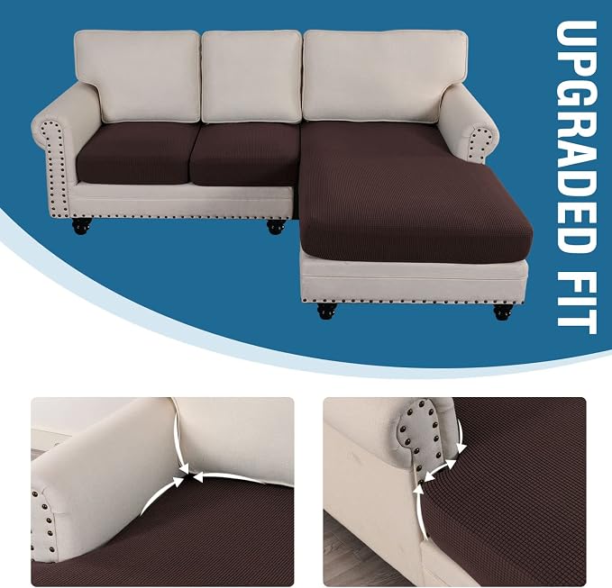 H.VERSAILTEX Sectional Couch Covers 3 Pieces Sofa Seat Cushion Covers L Shape Separate Cushion Couch Chaise Cover for Both Left/Right Sectional Couch (Seat Only: 1 Chaise + 2 Sofa, Chocolate)