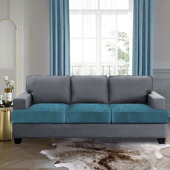 H.VERSAILTEX Stretch Velvet 3 Piece T Cushion Sofa Slipcovers Individually Sofa Cushion Covers for 3 Cushion Couch Seat Cushion Cover for Sofa Seat Cushion Cover Stay in Place(Sofa, Peacock Blue)