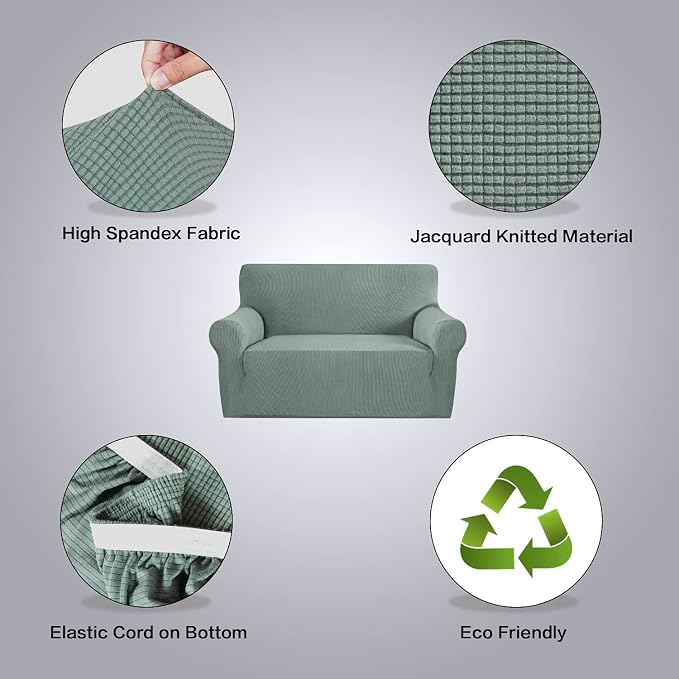H.VERSAILTEX Stretch Couch Cover Sofa Covers for 2 Cushion Couch Loveseat Slipcover|Sofa Cover for Love seat 1 Piece with Elastic Bottom, Textured Checked Jacquard Fabric (Loveseat 58"-70" Wide, Sage)