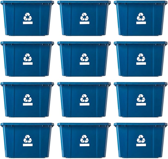 Gracious Living Medium Curbside Blue Box, Plastic 17 Gallon/64 Litre Home Trash Can Refuse and Recycling Bin Container with Built-in Handles (12 Pack)