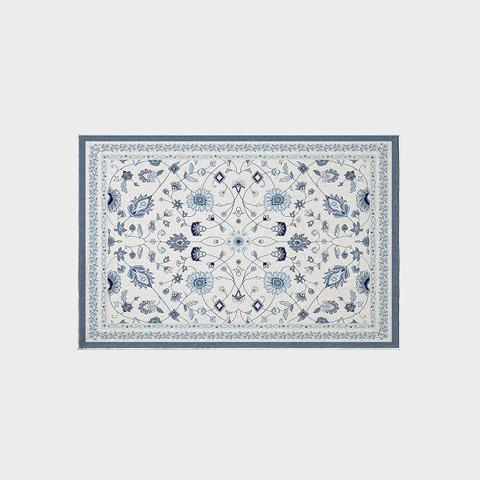 EVERGRACE Area Rugs for Entryway 2x3, Boho Floral Faux Wool Indoor Outdoor Small Rugs, Washable Rugs for Bedroom Bathroom Laundry Doormat, Low Pile Floor Mat Carpet for Home Decor, Porcelain Blue