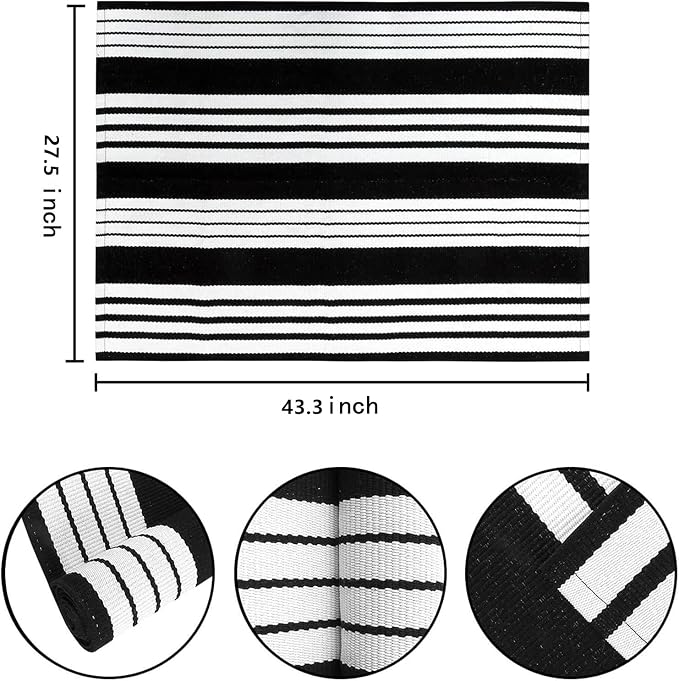 BUAGETUP Black and White Layered Doormat,27.5x43.3inch Striped Outdoor Rug Hand Woven Cotton Indoor Outdoor Rug for Porch Layered