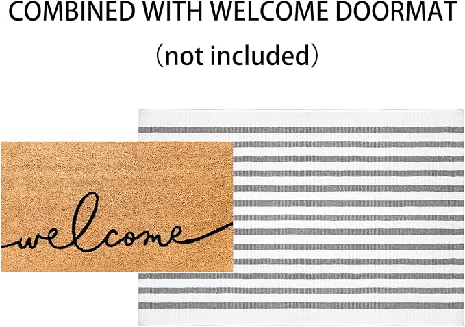 Striped Outdoor Porch Rug 27.5"x43",Farmhouse Grey and White Layered Doormat Cotton Woven Washable Entryway Rug Indoor Outdoor Front Door Mat for Porch/Entryway/Home Entrance Decor