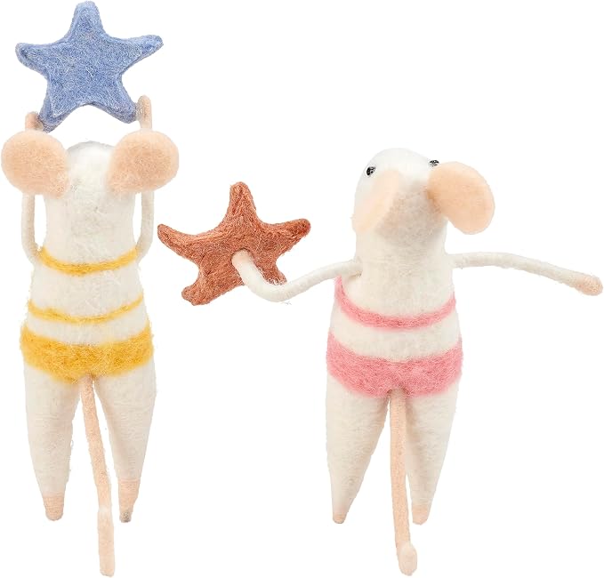 Primitives by Kathy Collectible Felt Critter Set, 4.5-inch, Starfish Mice, Set of Two Beach Themed Decorative mice in Bikinis with Starfish Details - Tiered Tray, Shelf, Tablescape Coastal Home Decor