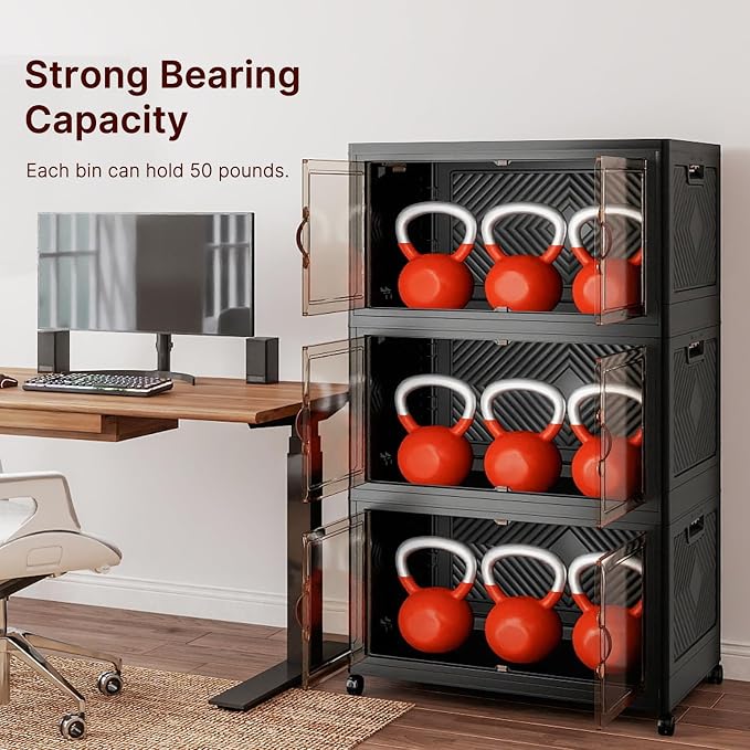 UAMFURI Stackable Storage Bins, 525QT Collapsible Drawers with 1 Lid | Large Capacity, Magnetic Door, Stack Lock, Rolling Wheels, Foldable Design, Organizers and Storage for Bedroom Dorm Garage