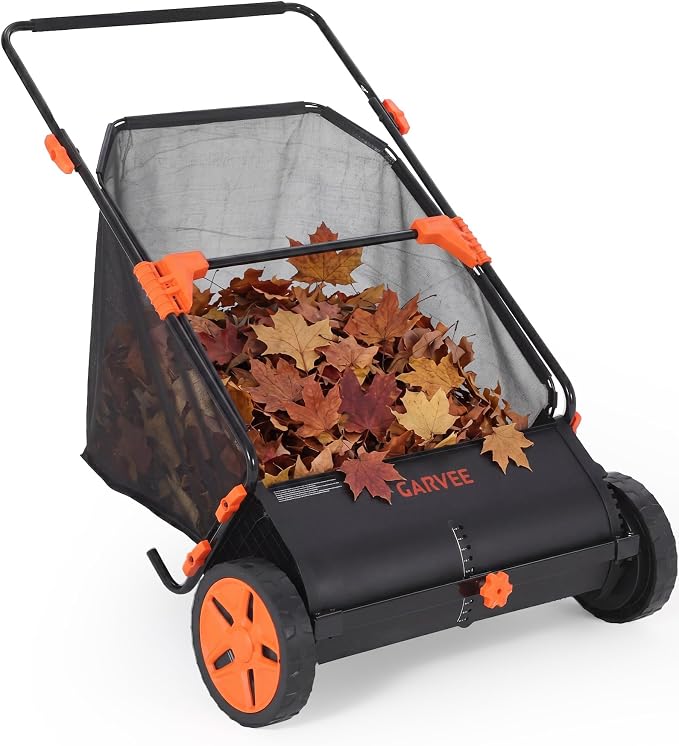 26 Inch Push Lawn Sweeper with Large 7 cu ft Collection Bag, Heavy Duty | Steel Frame, 10" Rubber Wheels, 4 Spinning Brushes, Manual Height Adjustment for Leaves Grass and Yard Debris, Black Orange