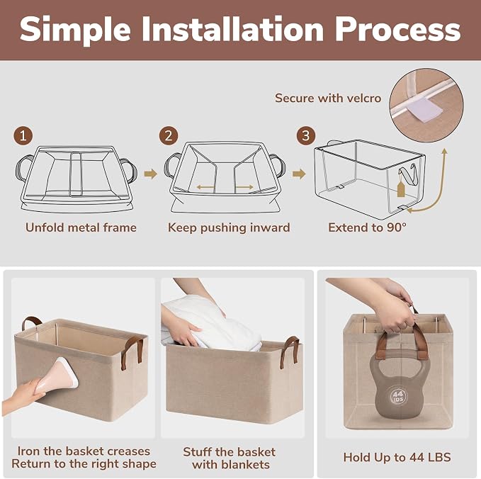 CHICVITA Fabric Storage Bins for Shelves, Metal Frame, 2-Pack, Brown | 20L, 14 ¾" L x 10 ¼" W x 8 ¼" H, Collapsible Design, Towels, Toys & Books Storage, Closet & Living Room Organization