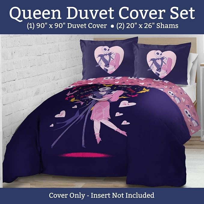 Jay Franco Duvet Cover Set – 3 Piece Comforter Cover and Sham Set, Super Soft Cozy Kids Bedding (Insert Not Included) Purple - Nightmare Before Christmas, Queen