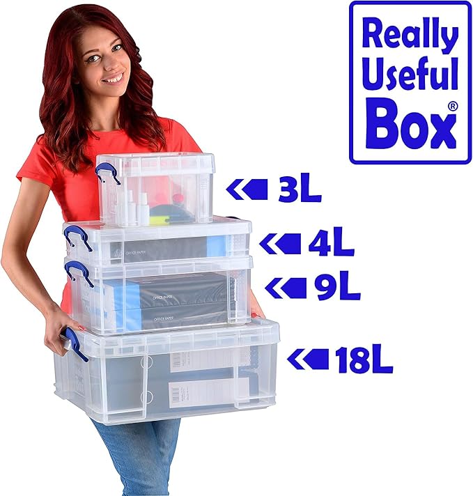 Really Useful Box 4 Liter Plastic Stackable Storage Container w/Snap Lid & Built-In Clip Lock Handles for Home & Office Organization, Clear (2 Pack)