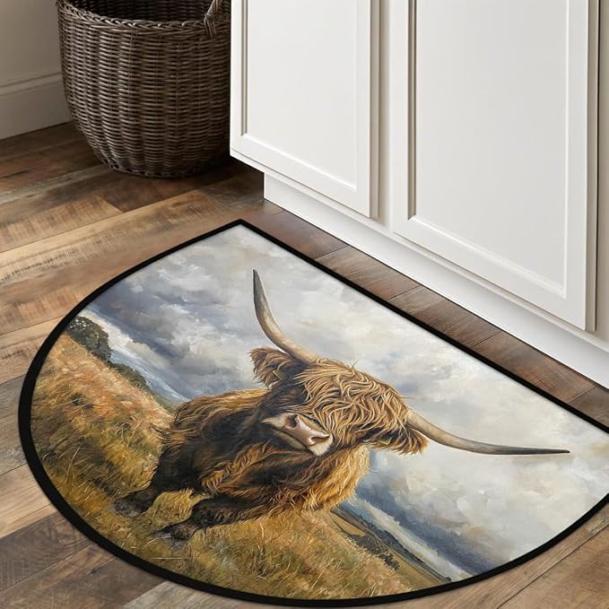 Half Round Door Mat Animal Highland Cow Anti-Slip Semi Circle Rug 24X36 Indoor Door Mat Half Moon Bath Mats, Washable Decorative Welcome Floor Mats for Kitchen Bathroom Hearth Fireplace,A-1208