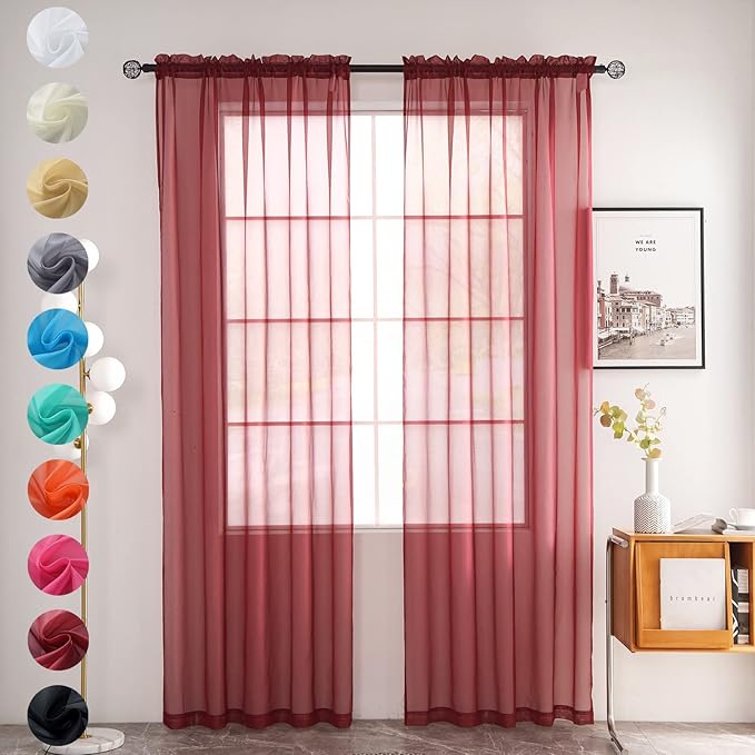 youleyar Solid Sheer Rod Pocket Curtain Voile Draperies 2 Panels White Beige Black Grey Coffee 52 Inch Width 96 Inch Long 1 Pair for Kitchen Bedroom Children Living Room Yard (Wine Red,52Wｘ96L)