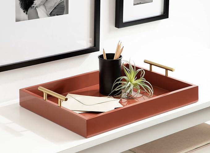 Kate and Laurel Lipton Decorative Modern Rectangular Tray, 16.5 x 12.25, Red and Gold, Chic Serving Tray for Storage, Organization, and Display