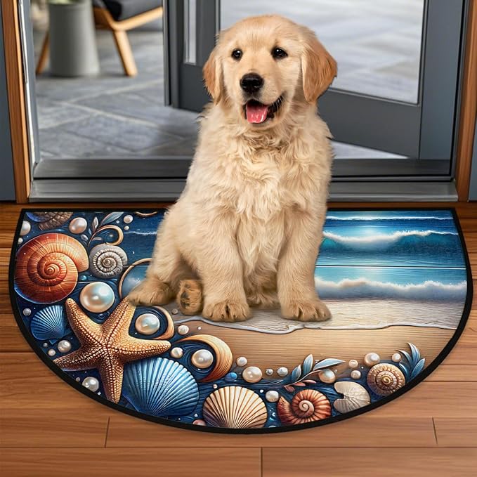 Beach Sea Shell Half Round Door Mat Non-Slip Semi Circle Rug Washable Half Moon Floor Rug Absorbent Bathroom Area Rugs for Outdoor Indoor Fireplace Mat Entryway Kitchen Decor Rugs