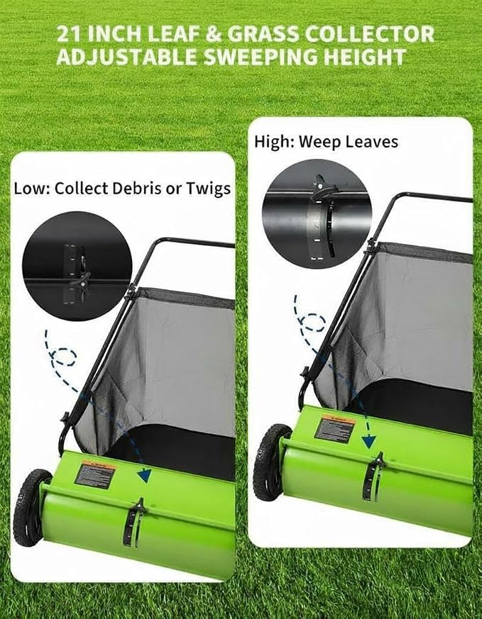21-Inch Push Lawn Sweeper,7 Cu. Ft. Large Capacity Collection Bag | 4 Spinning Brushes, Adjustable Height, Durable Steel Frame with Rubber Wheels for Grass, Leaves,Debris On All Terrains