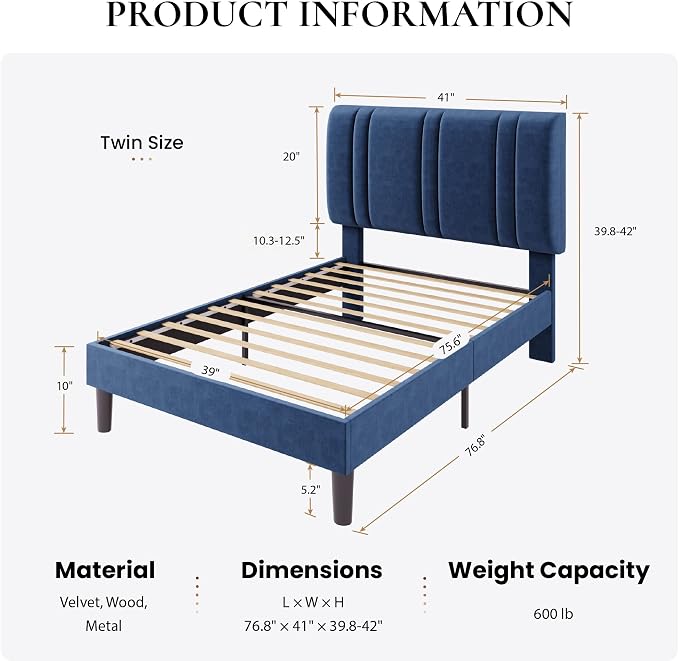 SHA CERLIN Twin Size Velvet Bed Frame with Adjustable Headboard, Blue | Vertical Channel Tufted Design, Upholstered Platform Bed, Wood Slats Support/No Box Spring Needed/Easy Assembly