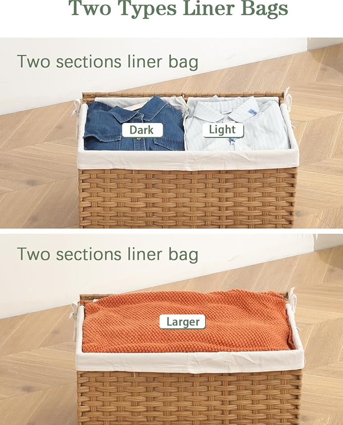 SETVSON Storage Basket with Lid Rattan Storage Basket with 2 Separate Lid, 27.8 Gallon (105 L) 25.2 * 15.4 * 16.1 Inches Woven Wicker Baskets with 2 Liners and Handles for Bedroom Laundry-Natural | 105L Storage Bin with 2 Separate Lids, 2 Removable Lin...