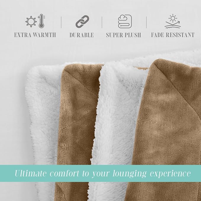 Elegant Comfort Throw Blanket, Reversible Sherpa Flannel, Ultra-Soft, Fuzzy, Cozy and Plush- All Season Lightweight Decorative Throw, 50 x 60 inches, Solid Sherpa Throw, Taupe