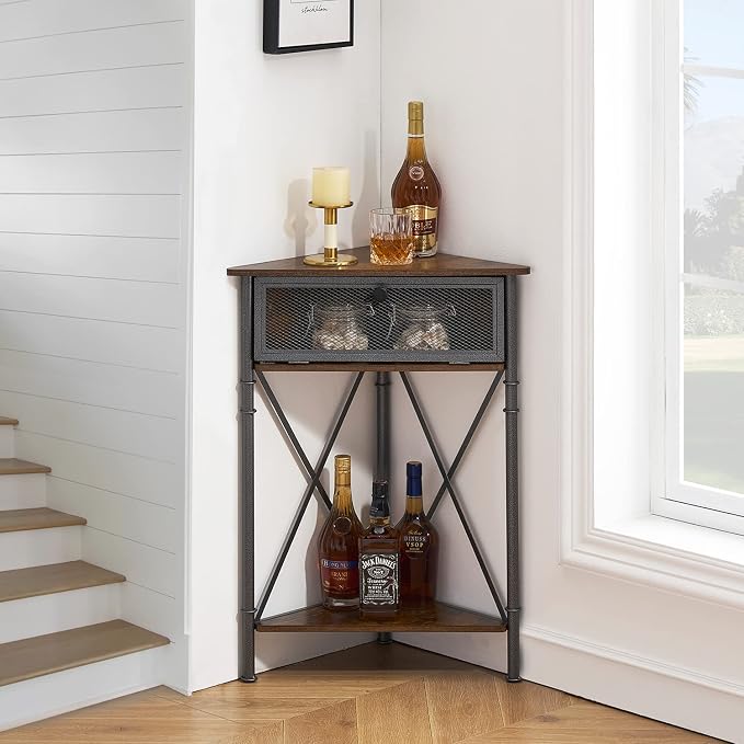 VECELO Corner Cabinet/Table, 3-Tier Display Shelves with Protection Door, Metal Frame Storage Shelf Organizer for Small Space, Living Room, Kitchen, Bathroom