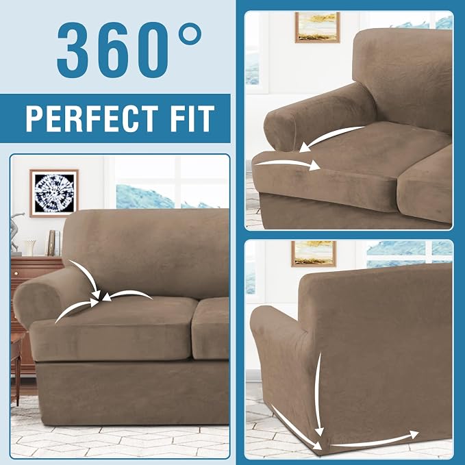 Sofa Cover 4 Piece T Cushion Sofa Slipcovers Thick Velvet Couch Cover Furniture Protector Stretch Sofa Covers for 3 Cushion Couch with 3 Individual T Cushion Covers Washable, Camel