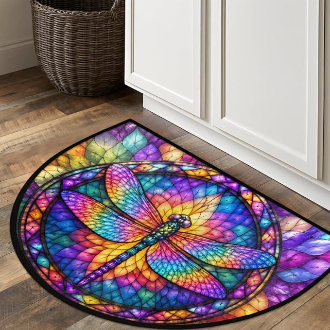 Dragonfly Half Round Door Mat Welcome Entrance Mat Bath Bathroom Rug A9 | Dragonfly Glass Painting Welcome Entrance Mat Anti-Slip Half Moon Bath Mat Semi Circle Rug Indoor Outdoor Kitchen Rug