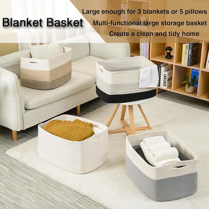 ICERZCZ Large Blanket Basket Living Room, Rectangle Storage Basket, Large Basket for Blankets, Woven Cotton Rope Baskets for Storage Toy Dirty Clothes, 22”x17”x12”, White & Grey, 75L
