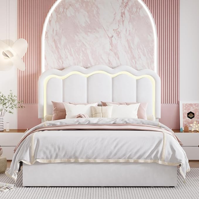 SHA CERLIN Queen Size Bed Frame with LED Lights and Storage Drawer, White | Upholstered Velvet Platform Bed with Adjuatable Wavy Headboard, Noise-Free, Easy Assembly,No Box Spring Needed
