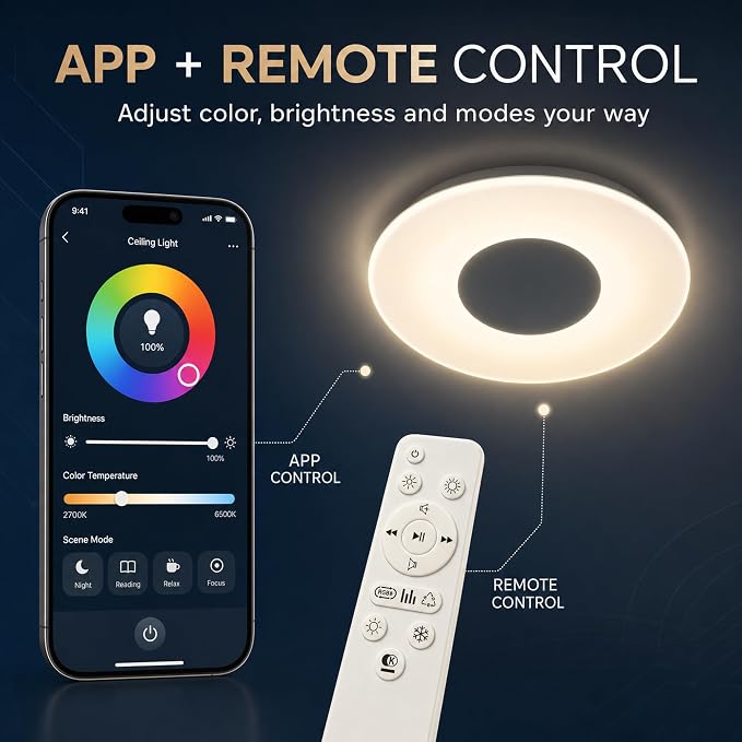 Upgrade 15 inch Dimmable LED Music Ceiling Light with Bluetooth Speaker 24W, Bluetooth Control via Smart Phone APP, Flush Mount Ceiling Light Family Bedroom (Remote Includes)