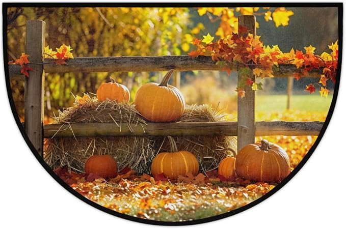Farm Pumpkin Half Round Door Mat Semi Moon Rug Fireplace Carpet Area Rugs | Fall Farm Pumpkin Non Slip Absorbent Half Circle Mat Carpet for Indoor Outdoor Patio Kitchen Bathroom Entryway Home Decor