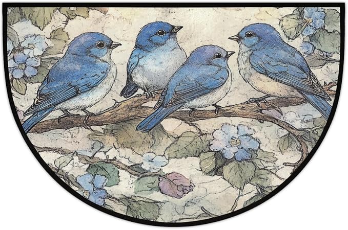 Pardick Vintage Blue Bird Branch Half Round Door Mat, Cute Animal Non-Slip Half Circle Area Rug Doormat Absorbent Half Moon Rug for Indoor Outdoor Kitchen Bedroom Home Decor