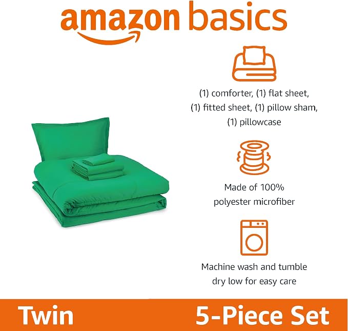 Amazon Basics 5-Piece Soft Microfiber Kid's Bed-in-a-Bag Bedding Set, Twin, Green, Solid