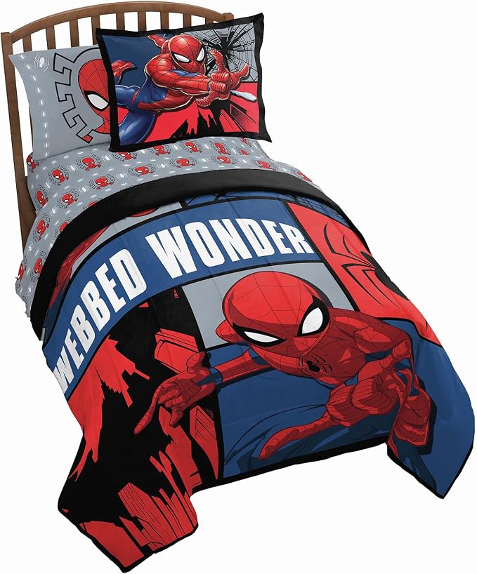 Marvel Spiderman Twin Comforter Set 5 Piece Kids Bedding for Boys, Multi | Bed in a Bag, Comforter Sheets Sham Pillowcase, Official Product, Soft Microfiber, Machine Washable, Easy Care, Boys Gift