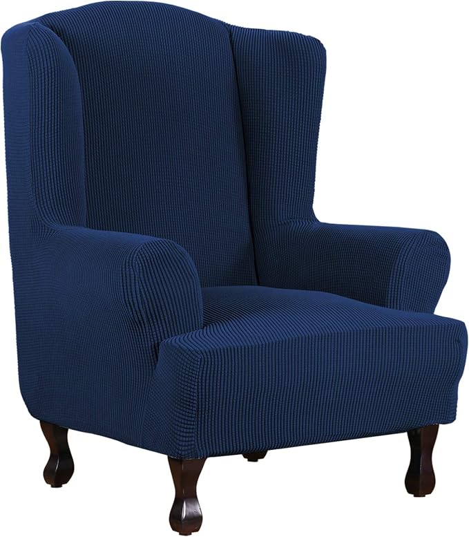 H.VERSAILTEX Wing Chair Slipcover Chair Covers for Wingback Chairs Wingback Chair Covers Slipcovers 1 Piece Stretch Sofa Cover Furniture Protector Soft Spandex Jacquard Checked Pattern, Navy